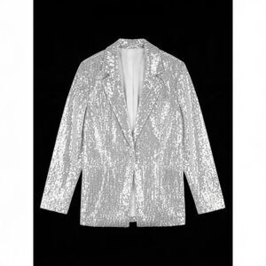 Silver Sequin Open Front Blazer Jacket Womens size M Lined Disco Holiday Glam